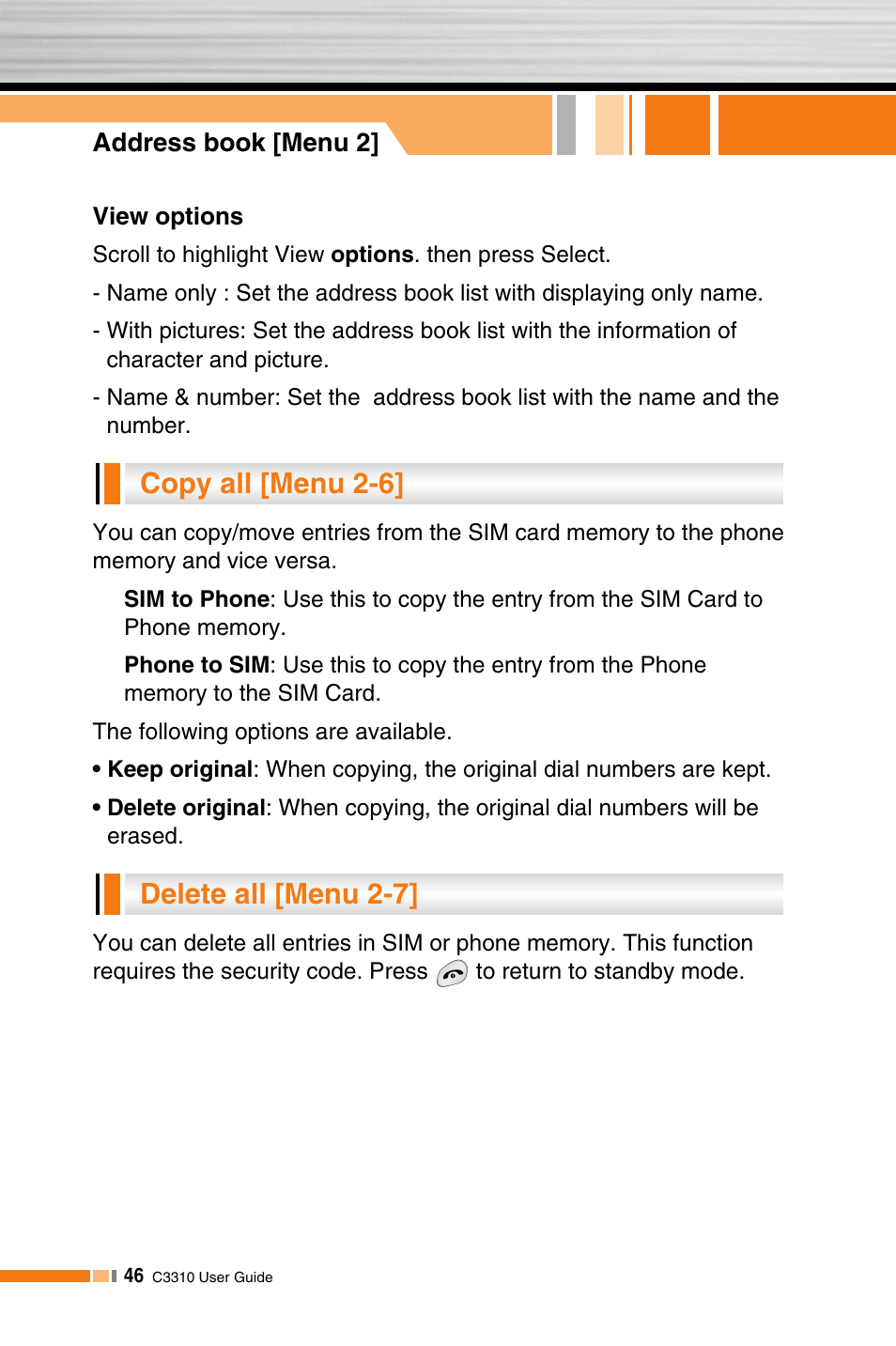 Delete all [menu 2-7] copy all [menu 2-6 | LG C3310 User Manual | Page 45 / 89