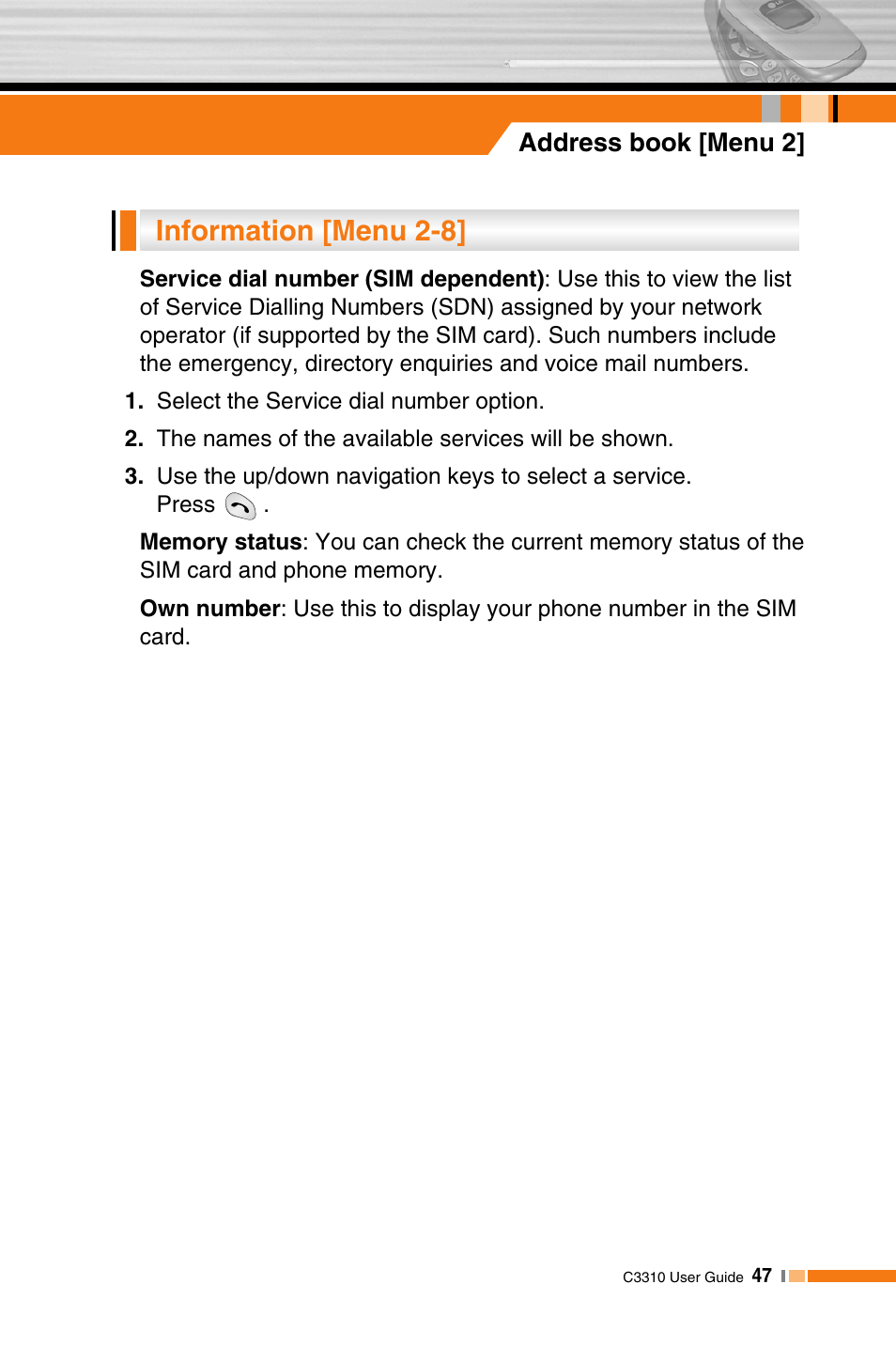 Information [menu 2-8 | LG C3310 User Manual | Page 46 / 89