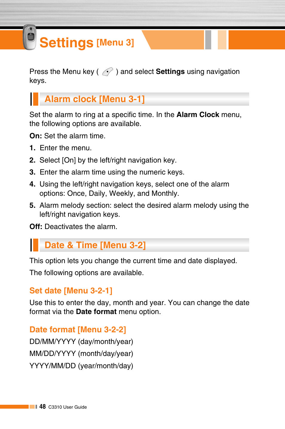 Settings, Date & time [menu 3-2] alarm clock [menu 3-1, Menu 3 | LG C3310 User Manual | Page 47 / 89
