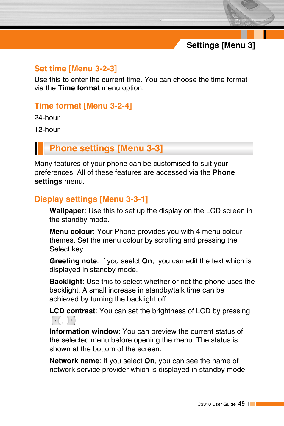 Phone settings [menu 3-3 | LG C3310 User Manual | Page 48 / 89