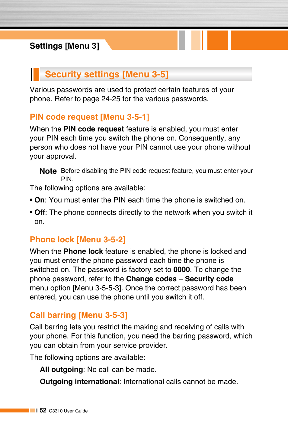 Security settings [menu 3-5 | LG C3310 User Manual | Page 51 / 89