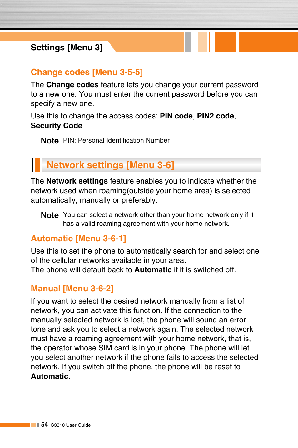 Network settings [menu 3-6 | LG C3310 User Manual | Page 53 / 89
