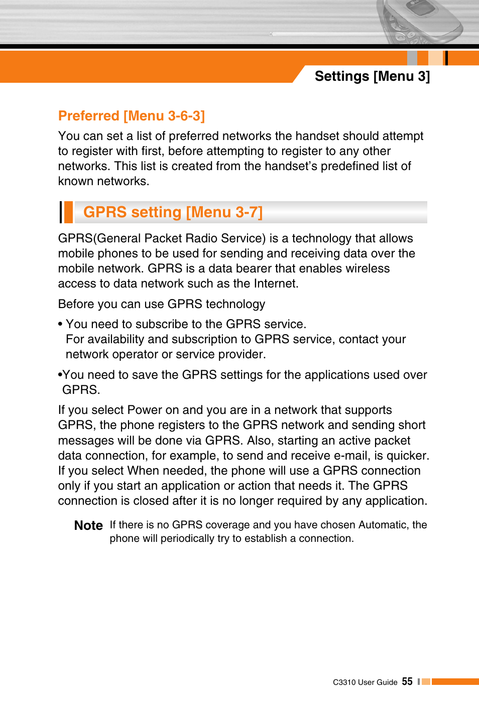 Gprs setting [menu 3-7 | LG C3310 User Manual | Page 54 / 89