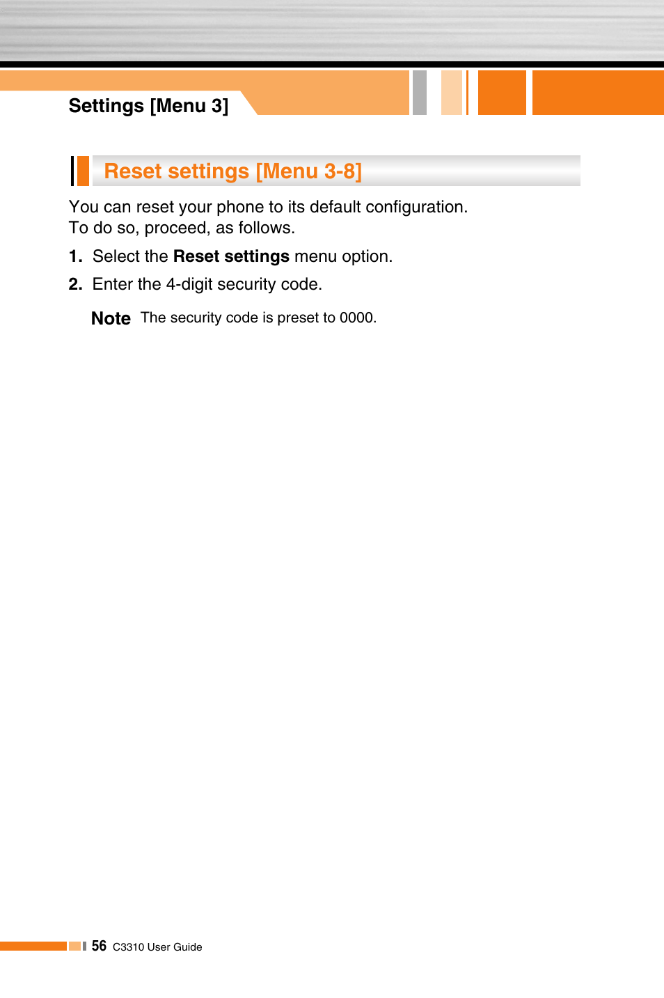 Reset settings [menu 3-8, Settings [menu 3 | LG C3310 User Manual | Page 55 / 89