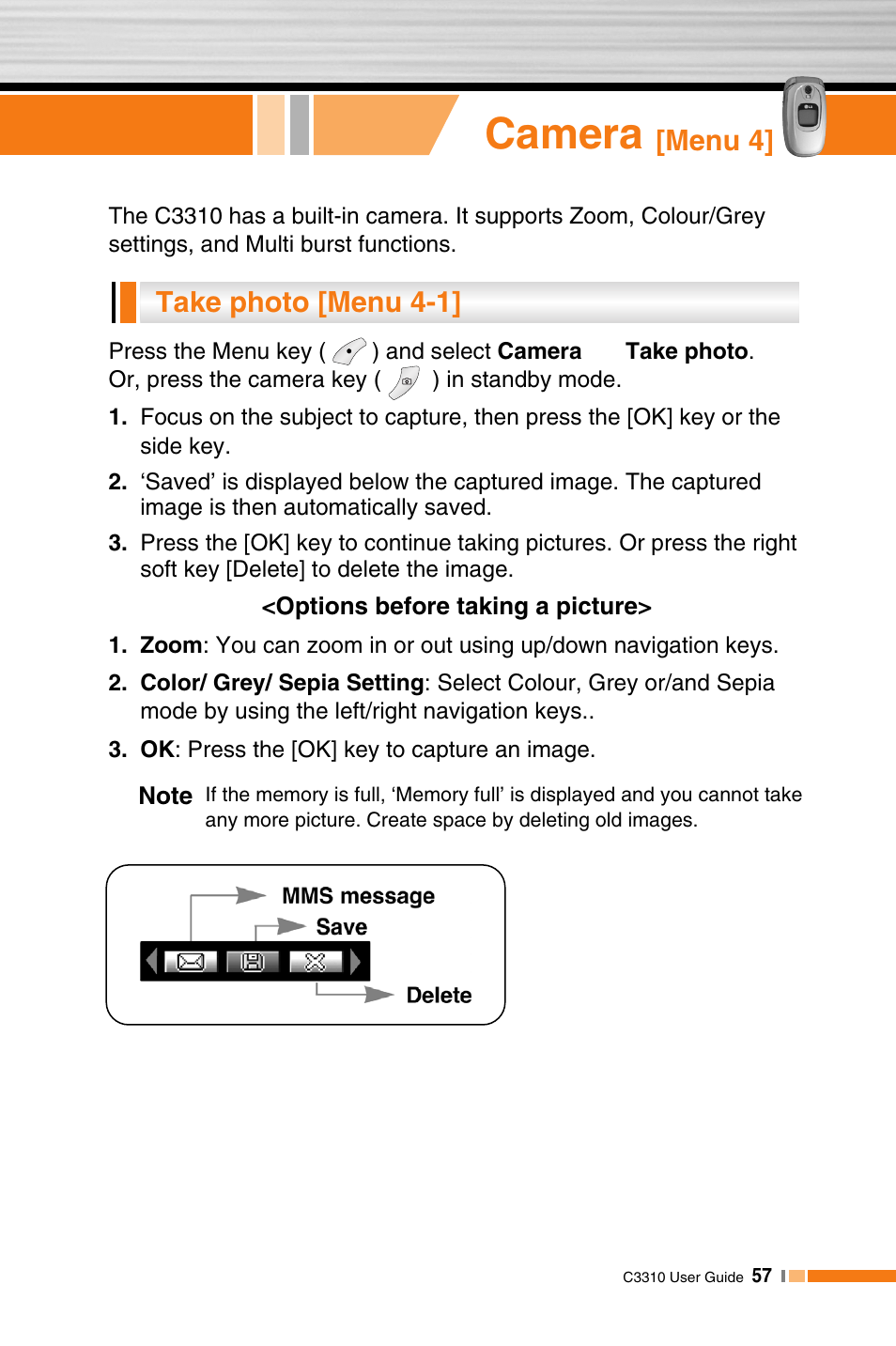 Camera, Menu 4, Take photo [menu 4-1 | LG C3310 User Manual | Page 56 / 89