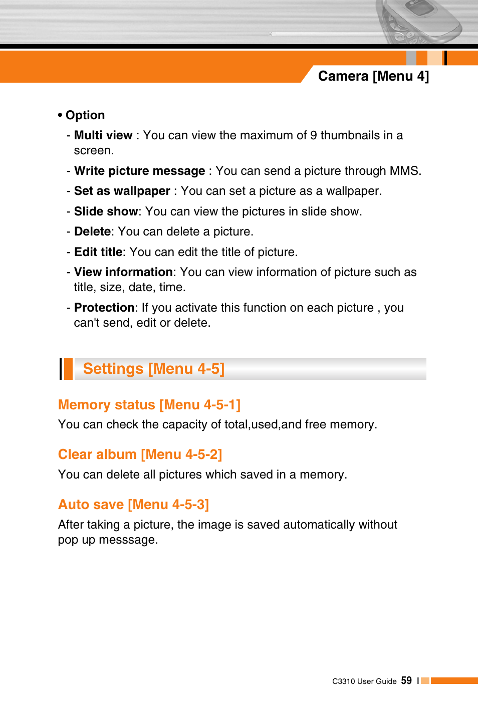 Settings [menu 4-5 | LG C3310 User Manual | Page 58 / 89