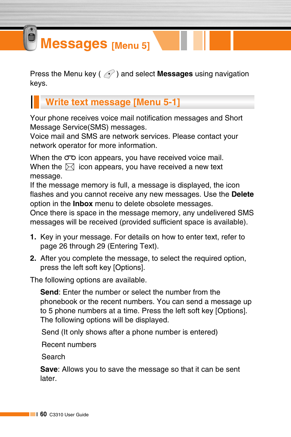 Messages, Write text message [menu 5-1, Menu 5 | LG C3310 User Manual | Page 59 / 89