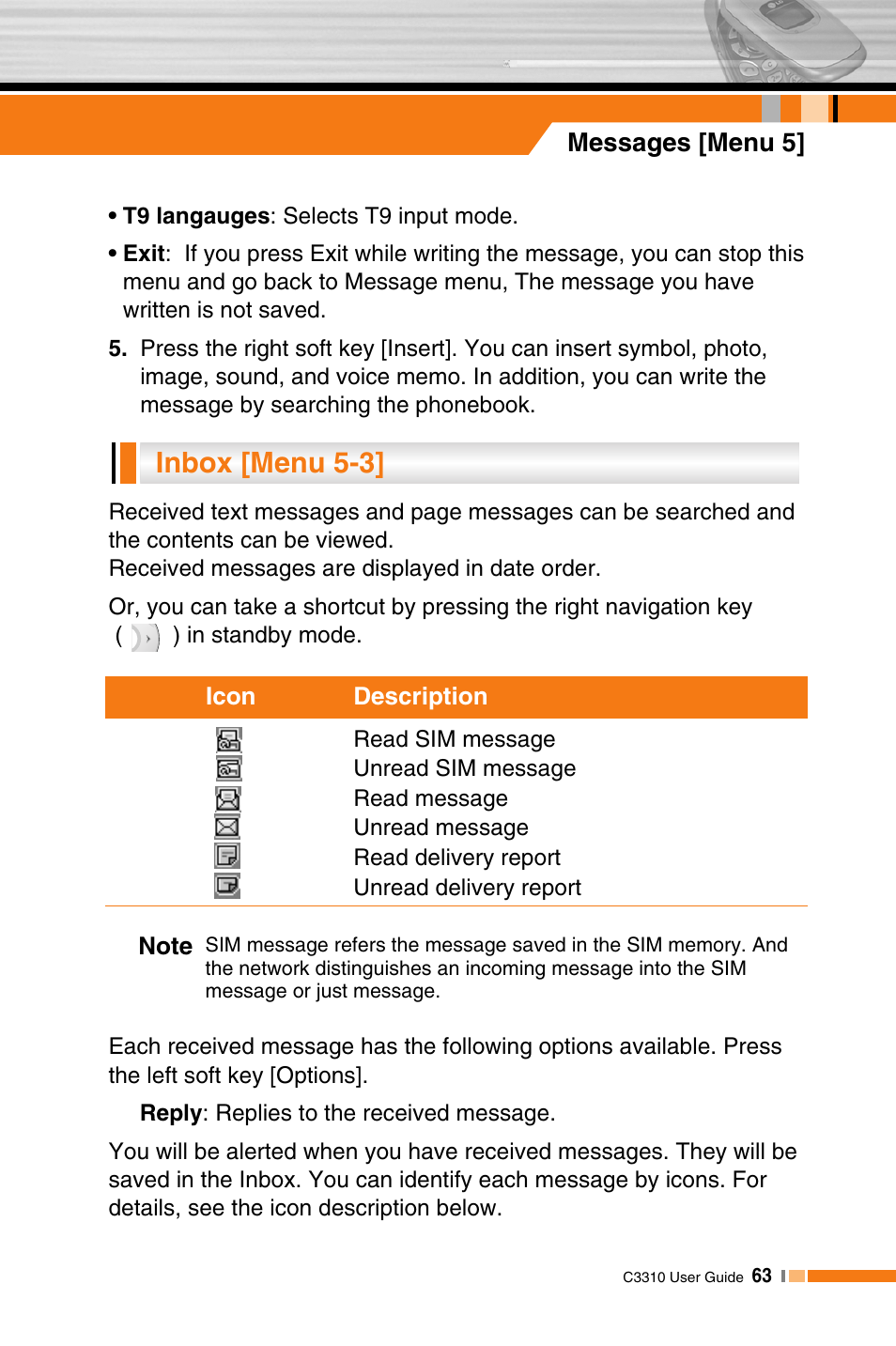 Inbox [menu 5-3 | LG C3310 User Manual | Page 62 / 89