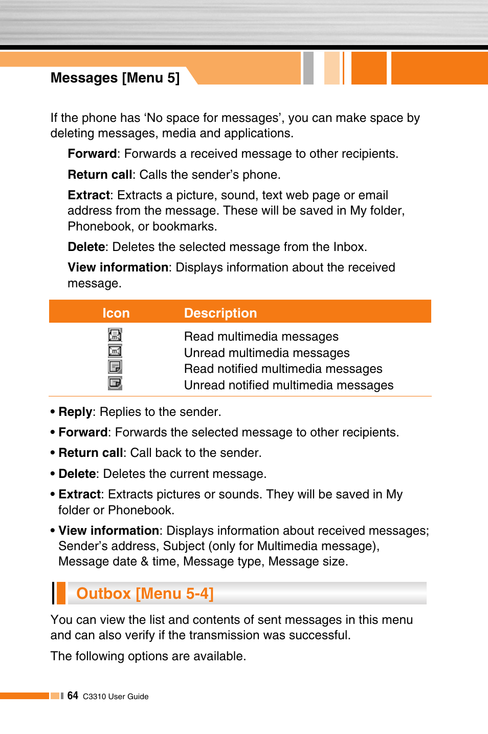 Outbox [menu 5-4 | LG C3310 User Manual | Page 63 / 89