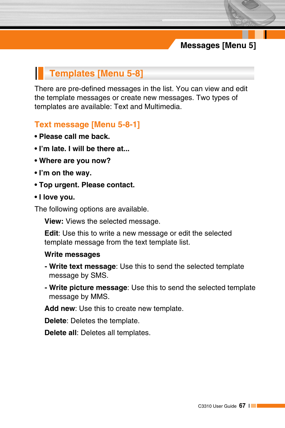 Templates [menu 5-8 | LG C3310 User Manual | Page 66 / 89