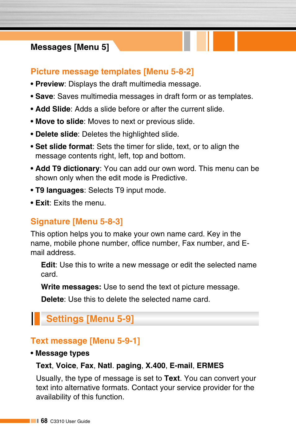 Settings [menu 5-9 | LG C3310 User Manual | Page 67 / 89