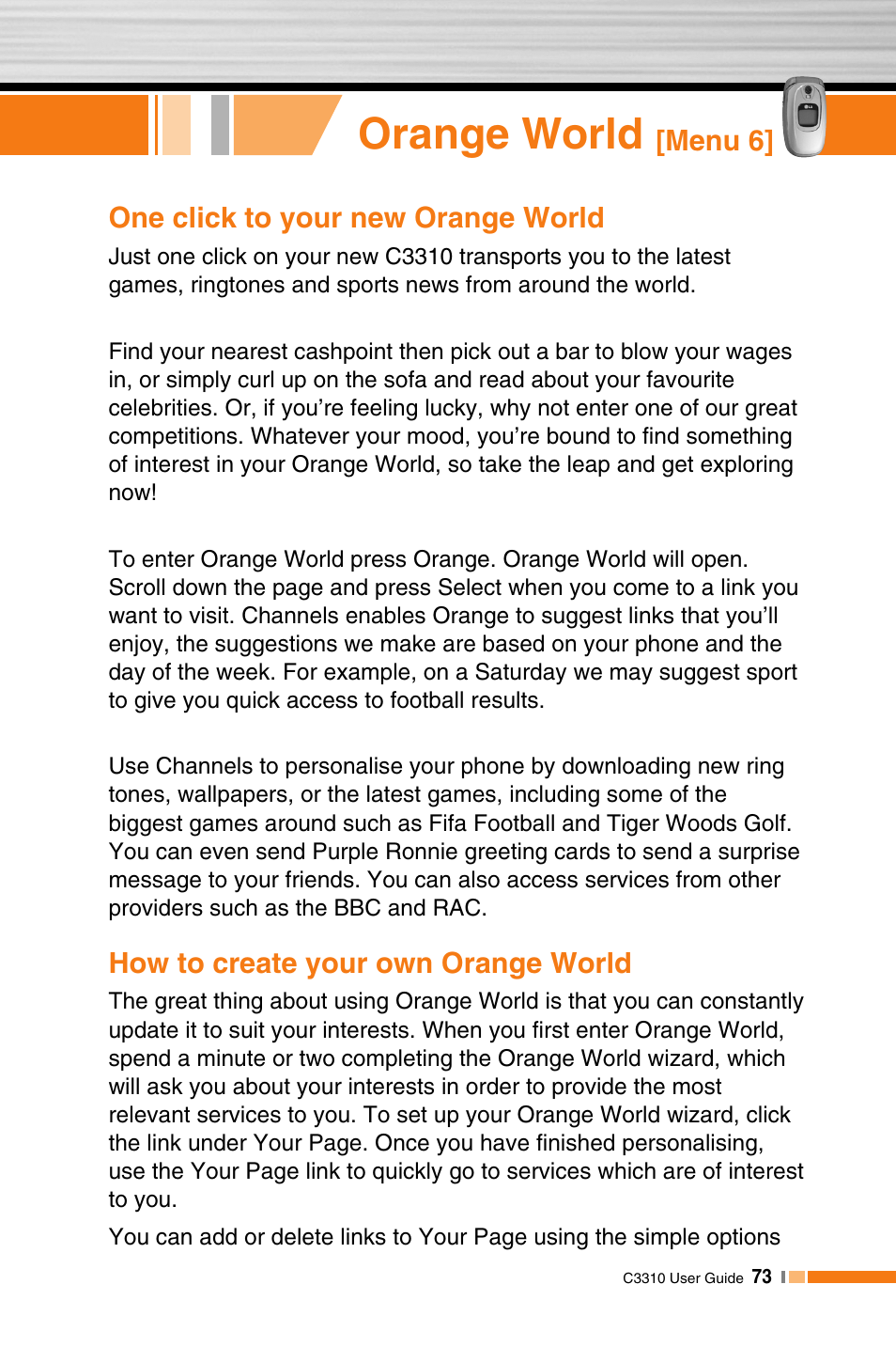 Orange world, Menu 6] one click to your new orange world, How to create your own orange world | LG C3310 User Manual | Page 72 / 89