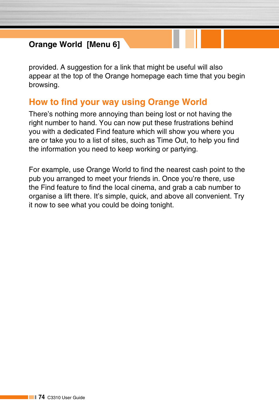 How to find your way using orange world | LG C3310 User Manual | Page 73 / 89