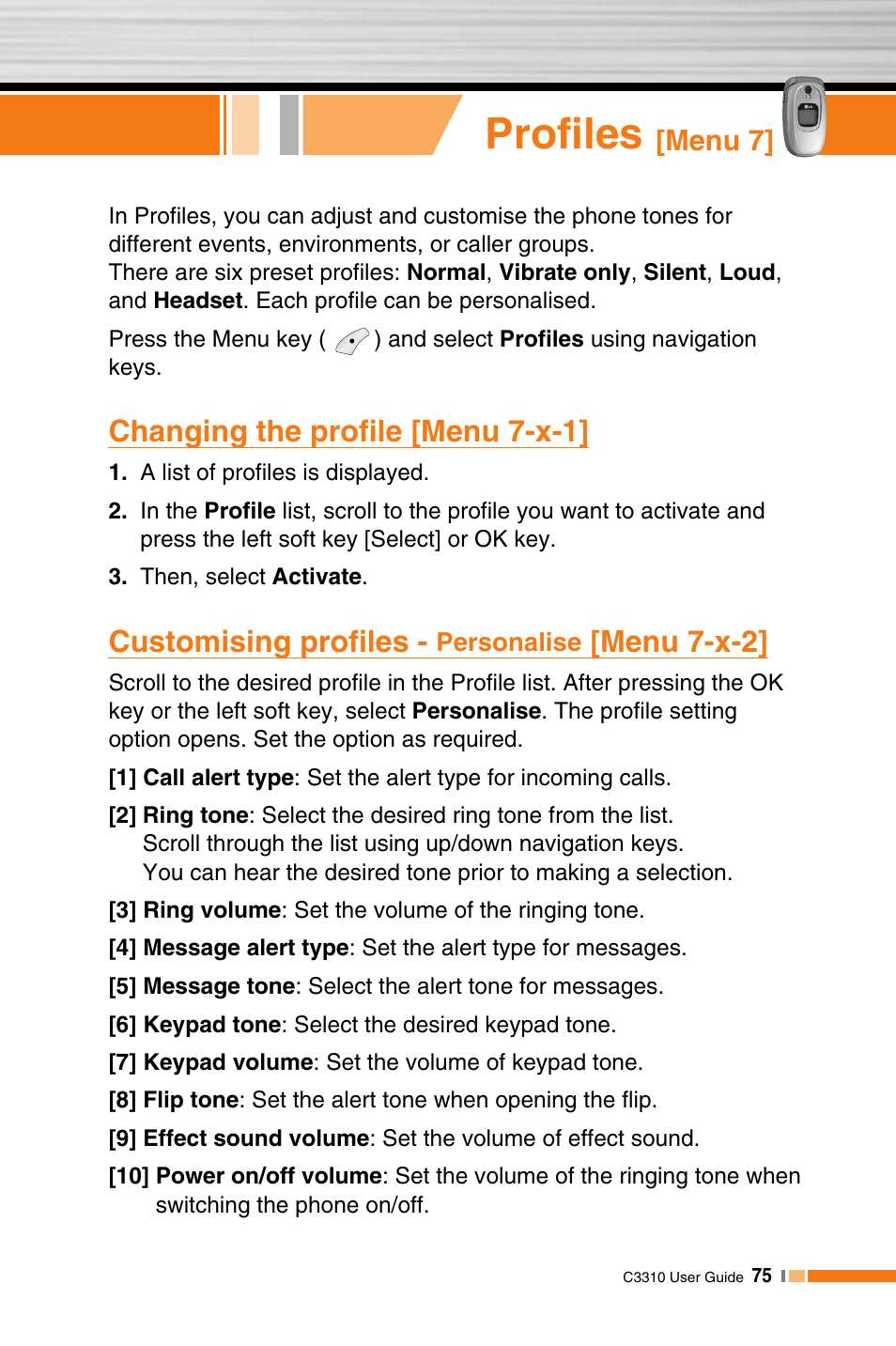 Profiles, Changing the profile [menu 7-x-1, Customising profiles | Menu 7-x-2, Menu 7 | LG C3310 User Manual | Page 74 / 89