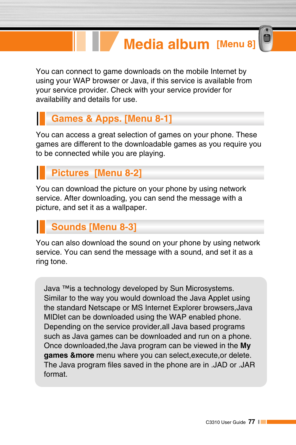 Media album | LG C3310 User Manual | Page 76 / 89