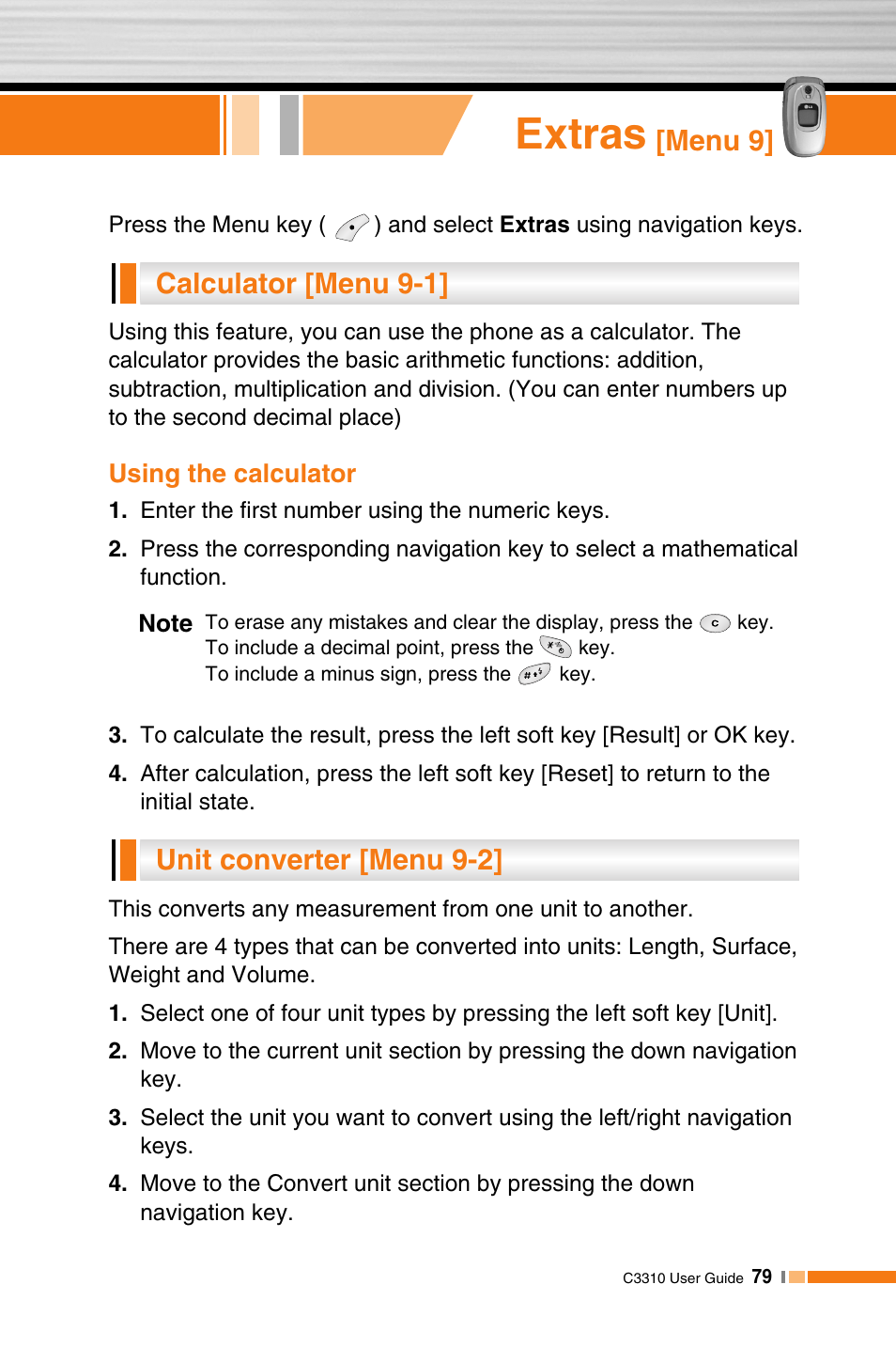 Extras, Menu 9, Unit converter [menu 9-2] calculator [menu 9-1 | LG C3310 User Manual | Page 78 / 89