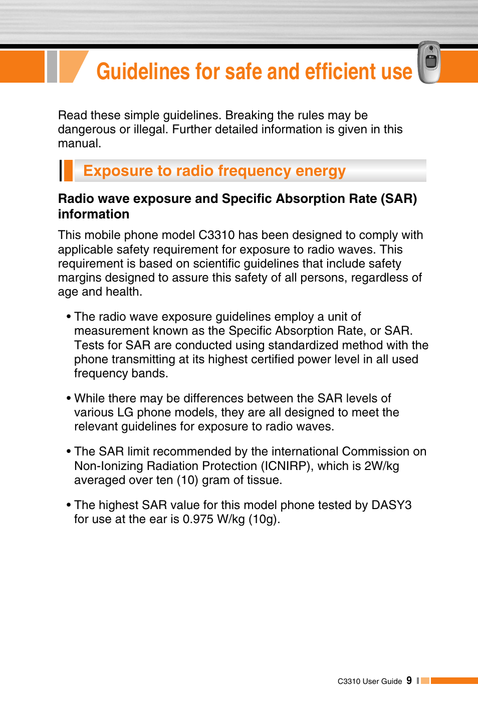 Guidelines for safe and efficient use, Exposure to radio frequency energy | LG C3310 User Manual | Page 8 / 89