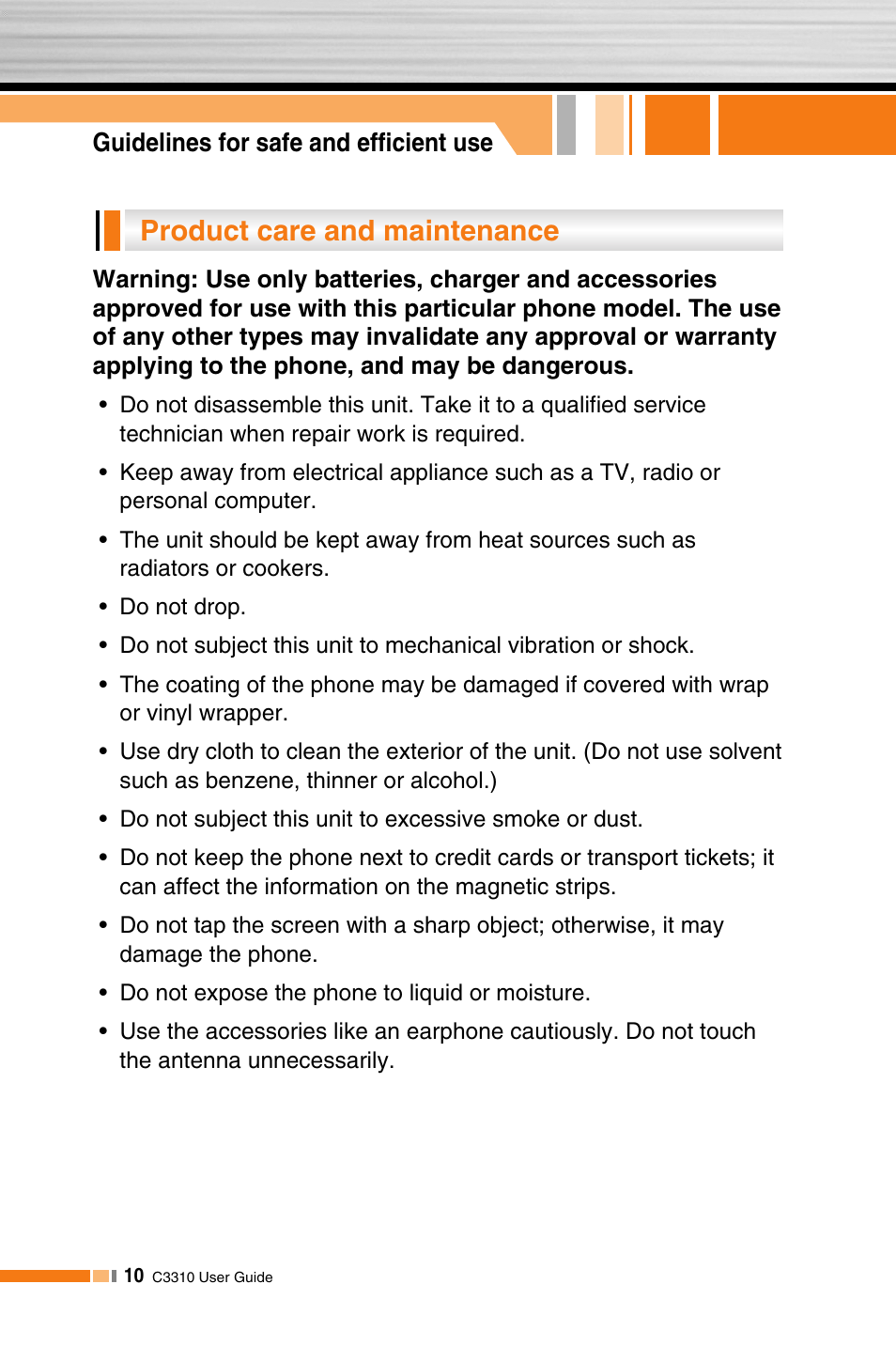 Product care and maintenance | LG C3310 User Manual | Page 9 / 89