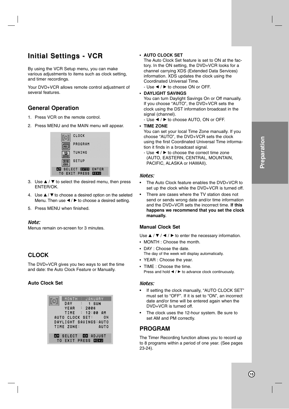 Initial settings - vcr, Preparation, General operation | Clock, Program | LG V194H User Manual | Page 15 / 40