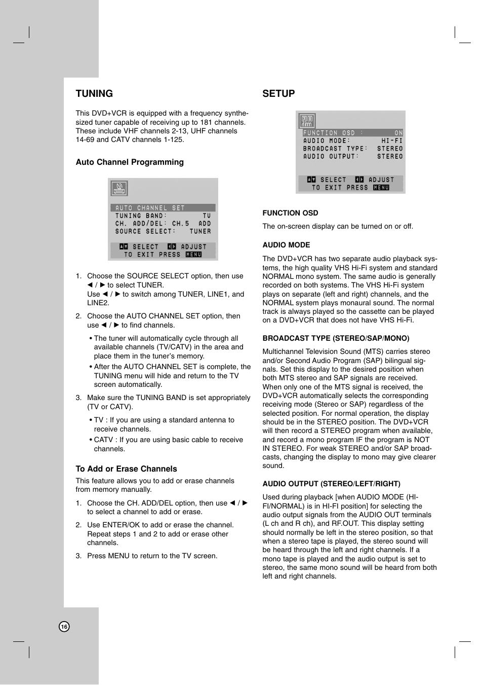 Tuning, Setup | LG V194H User Manual | Page 16 / 40