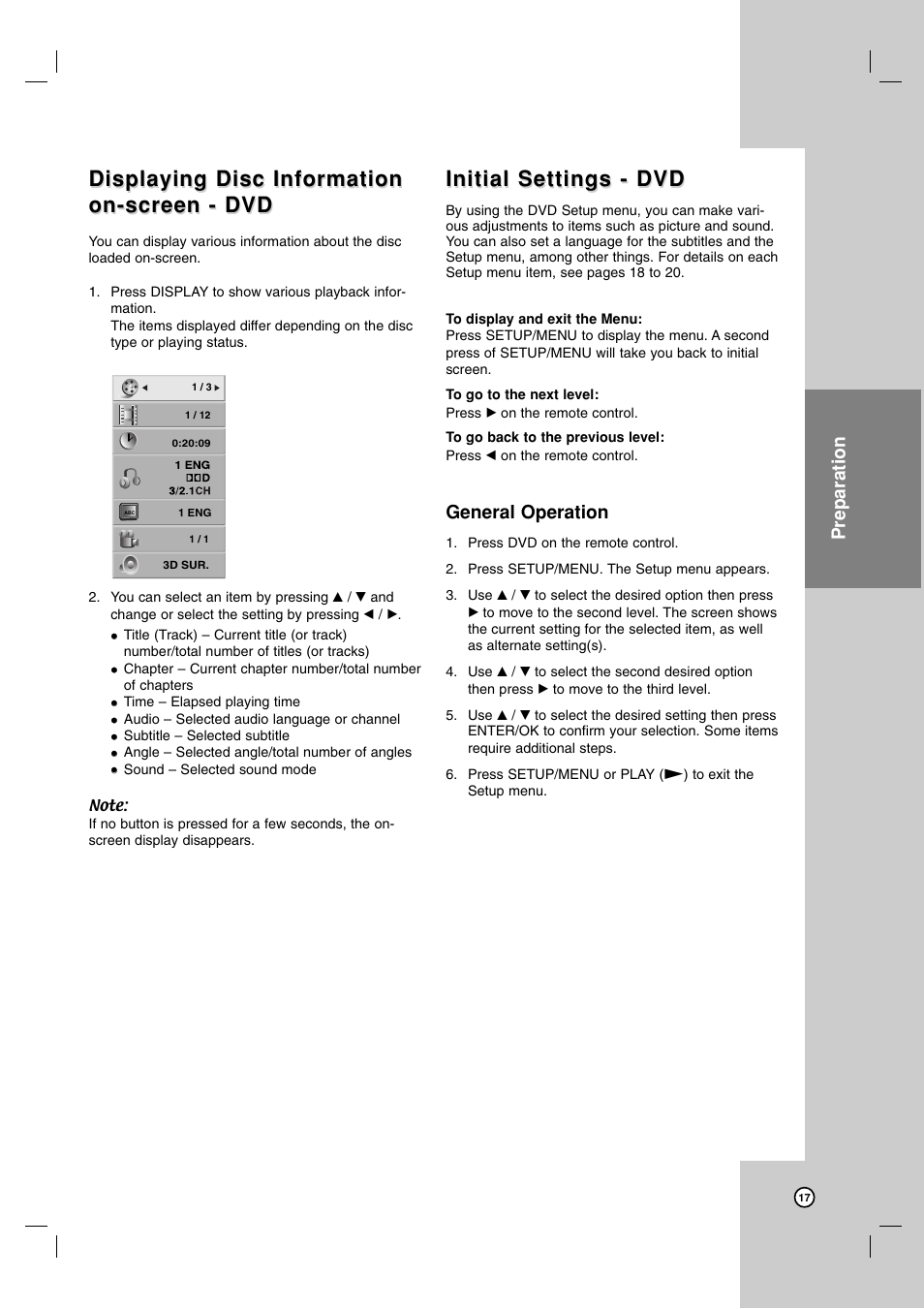 Displaying disc information, Initial settings - dvd, Preparation | General operation | LG V194H User Manual | Page 17 / 40