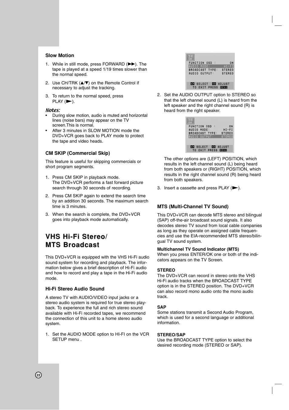 Vhs hi-fi stereo, Vhs hi-fi stereo/ mts broadcast mts broadcast | LG V194H User Manual | Page 22 / 40