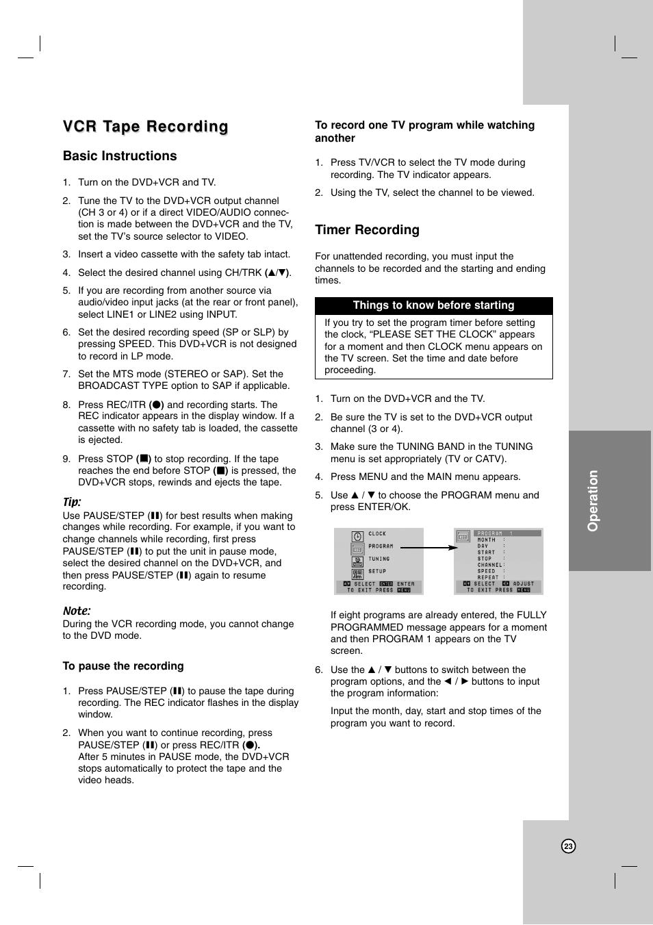 Vcr t, Vcr t ape recording ape recording, Operation | Basic instructions, Timer recording | LG V194H User Manual | Page 23 / 40