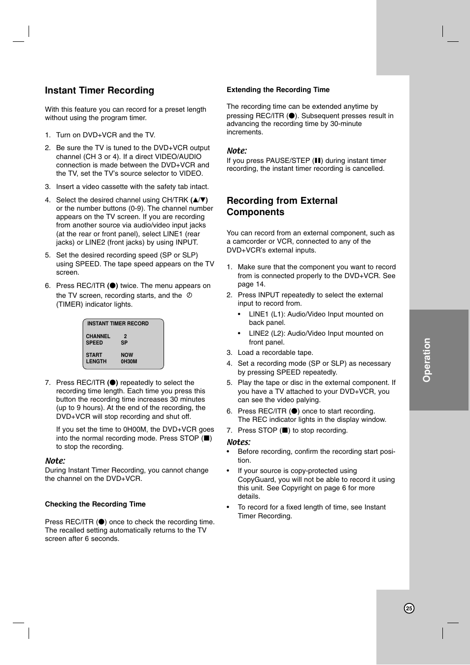 Operation instant timer recording, Recording from external components | LG V194H User Manual | Page 25 / 40