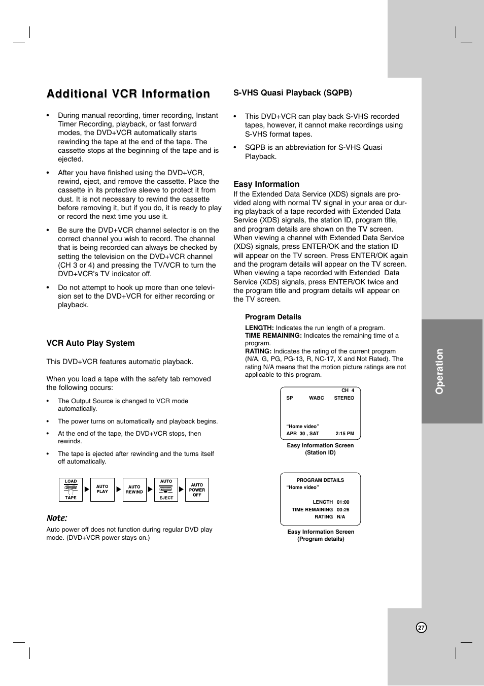 Additional vcr information, Operation | LG V194H User Manual | Page 27 / 40
