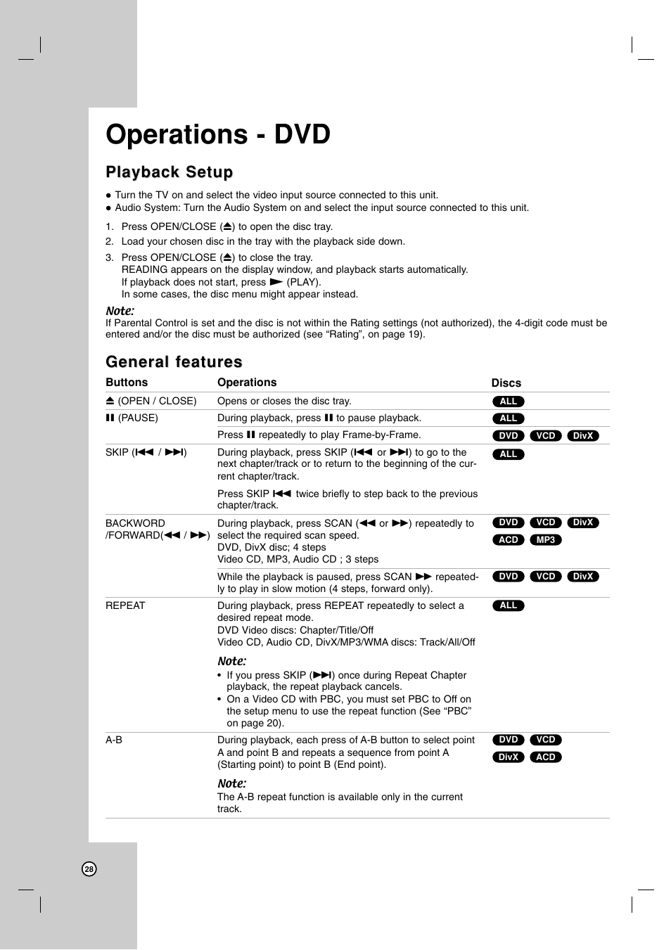 Operations - dvd, Playback setup, General features | LG V194H User Manual | Page 28 / 40