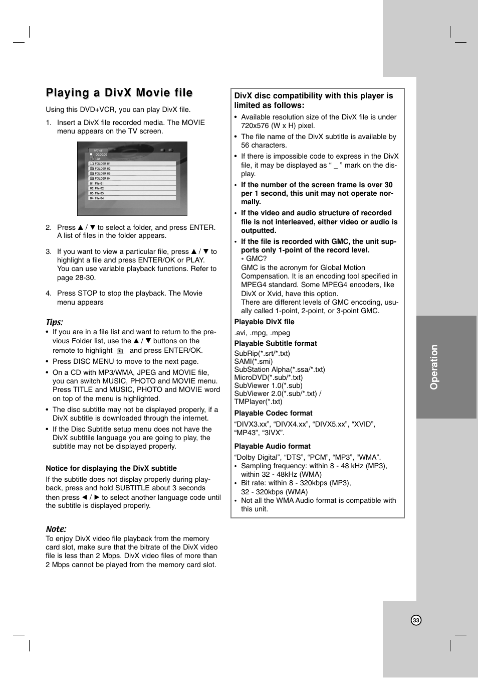 Playing a divx movie file, Operation | LG V194H User Manual | Page 33 / 40