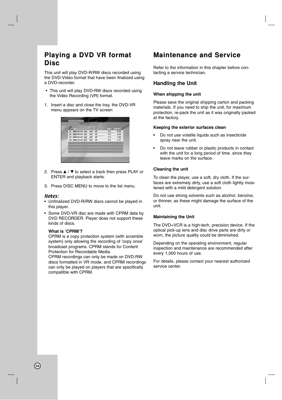 Playing a dvd vr format, Playing a dvd vr format disc disc, Maintenance and service | LG V194H User Manual | Page 34 / 40