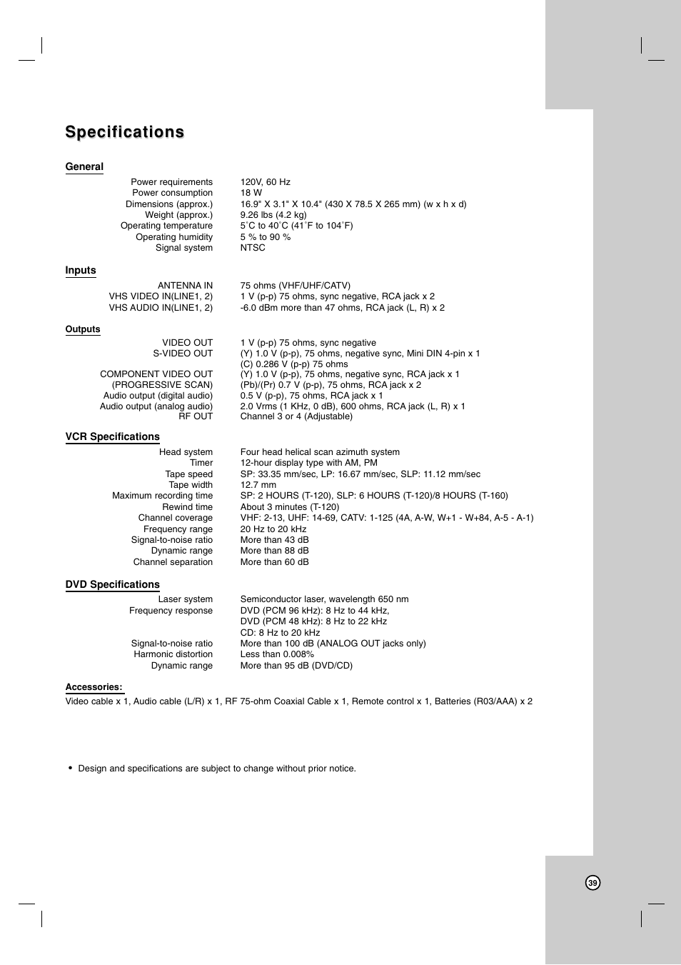 Specifications | LG V194H User Manual | Page 39 / 40