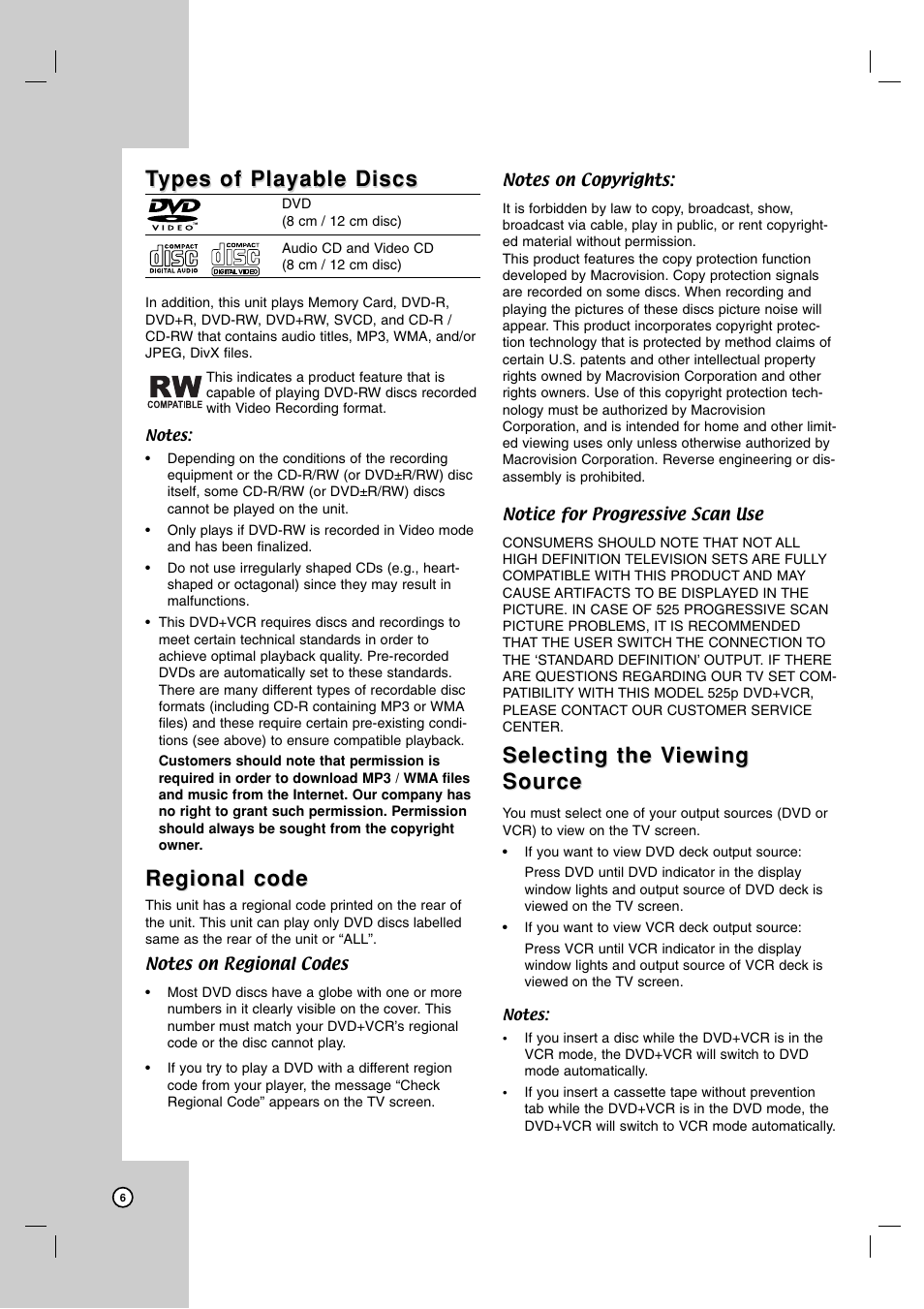Types of playable discs ypes of playable discs, Regional code, Selecting the v | Selecting the v iewing iewing source source | LG V194H User Manual | Page 6 / 40