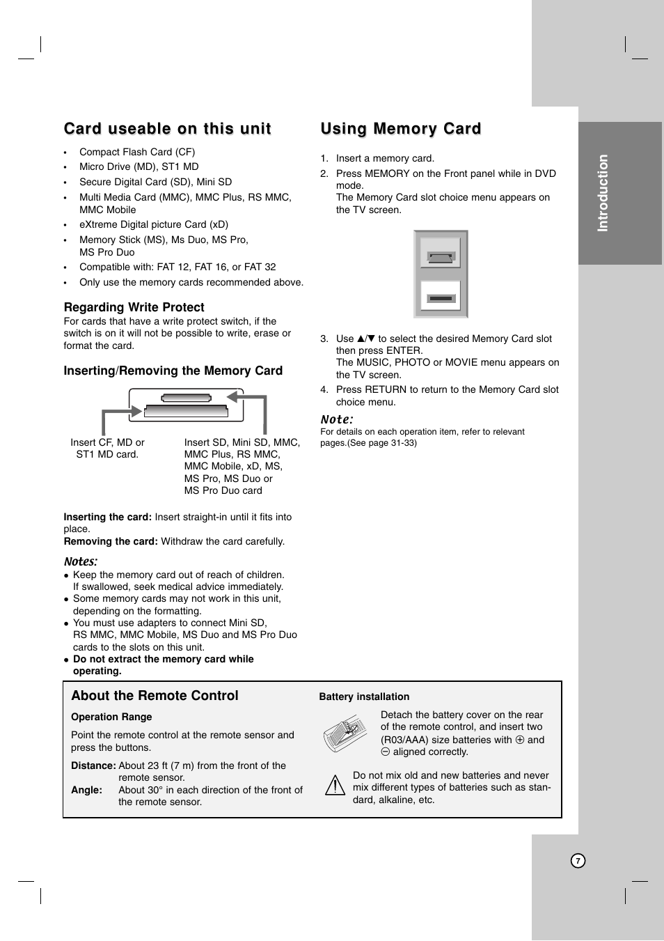 Card useable on this unit, Introduction, About the remote control | LG V194H User Manual | Page 7 / 40