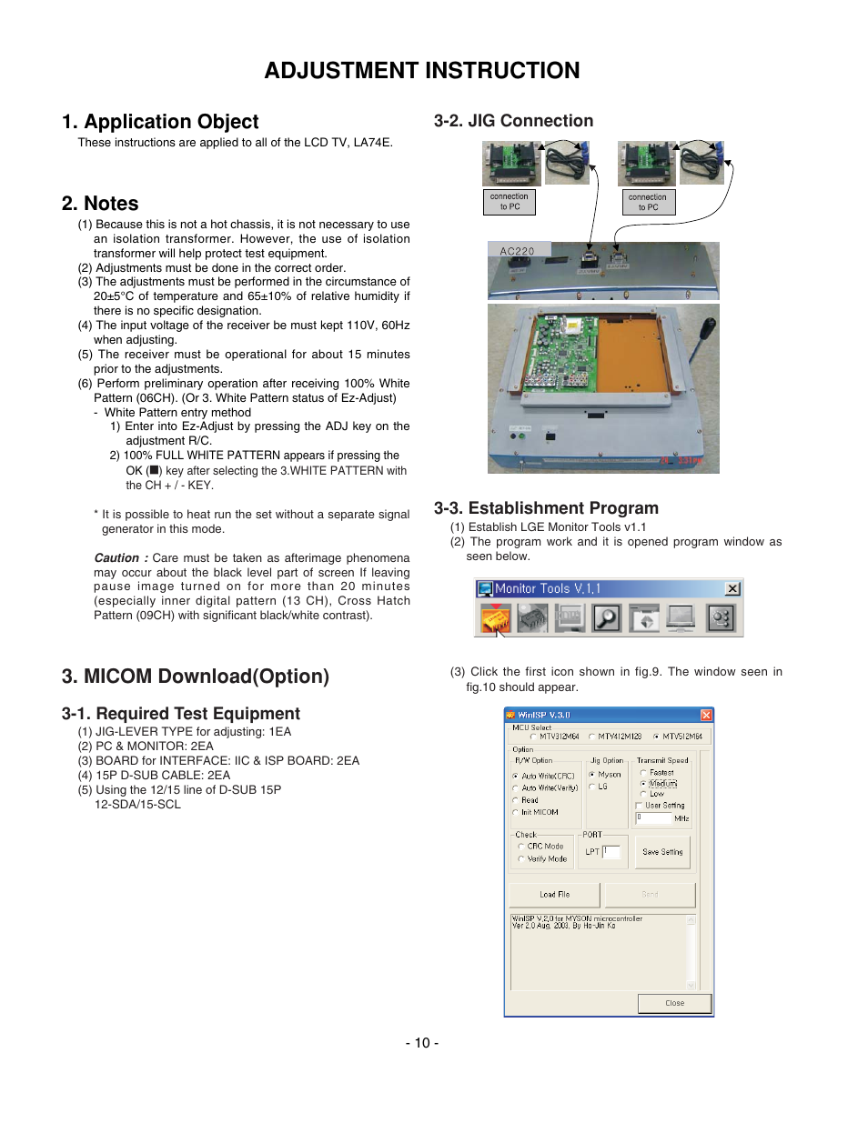 Adjustment instruction, Application object, Micom download(option) | 1. required test equipment, 2. jig connection 3-3. establishment program | LG 20LS7D(C)-UB User Manual | Page 10 / 36