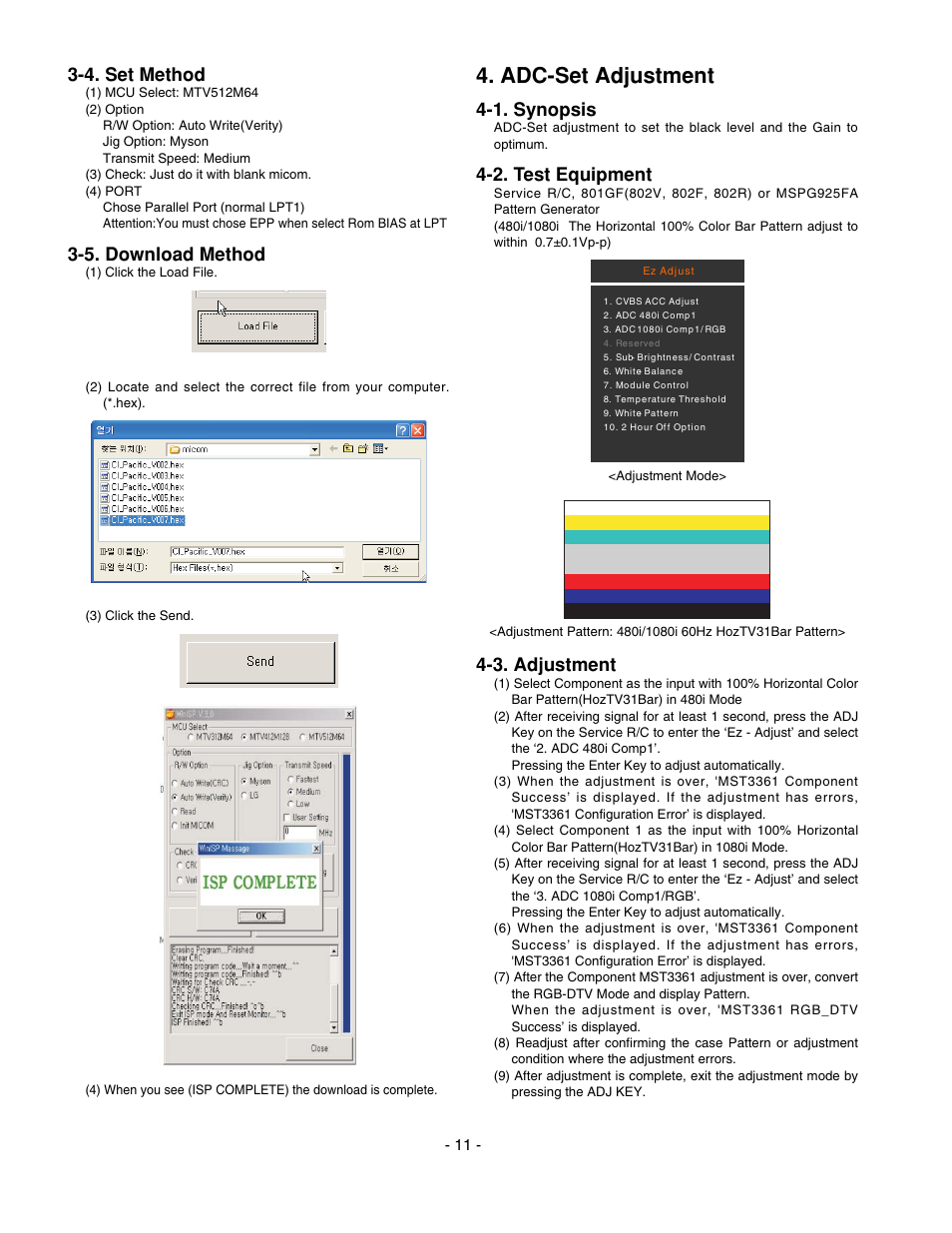 Adc-set adjustment, 4. set method, 5. download method | 1. synopsis, 2. test equipment, 3. adjustment | LG 20LS7D(C)-UB User Manual | Page 11 / 36