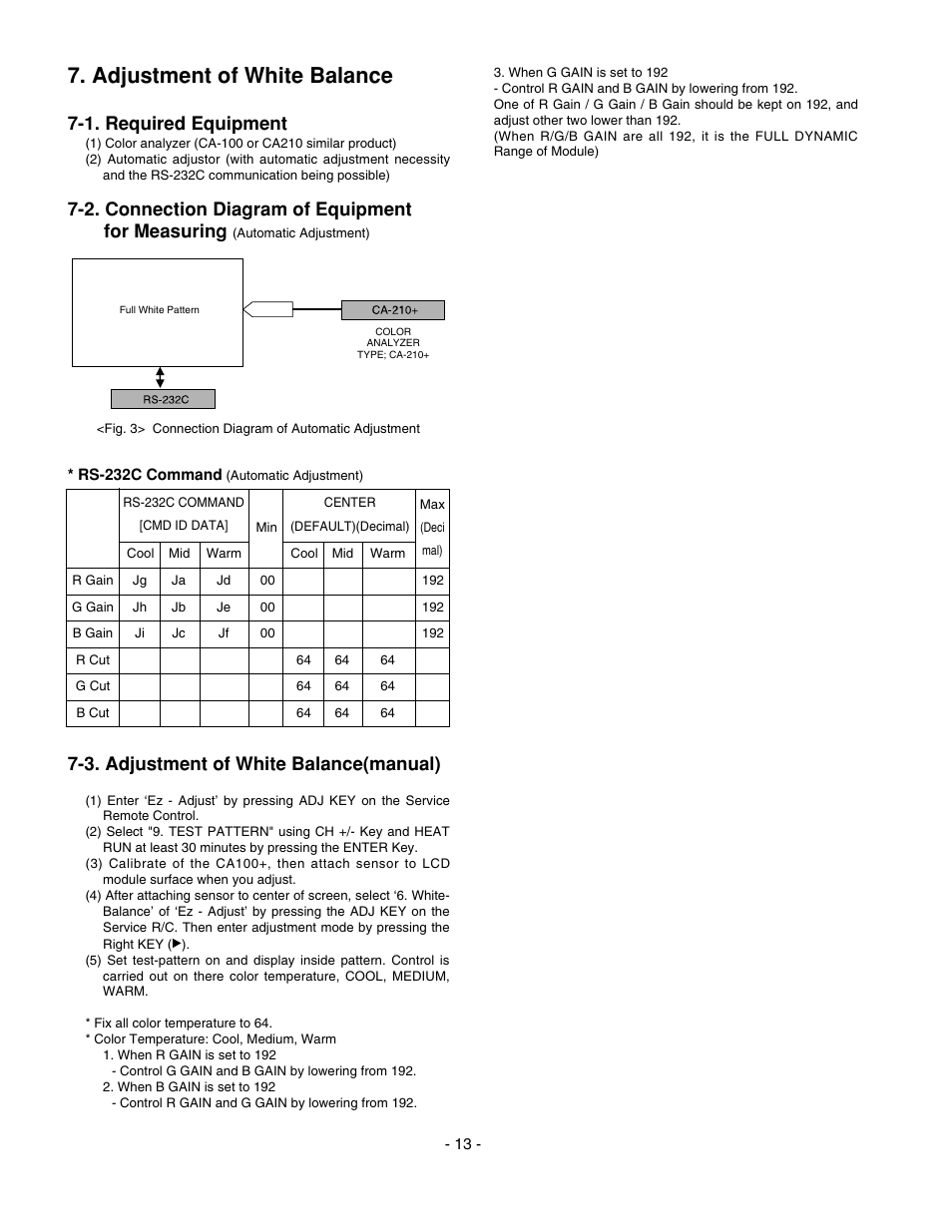 Adjustment of white balance, 1. required equipment, 2. connection diagram of equipment for measuring | 3. adjustment of white balance(manual) | LG 20LS7D(C)-UB User Manual | Page 13 / 36