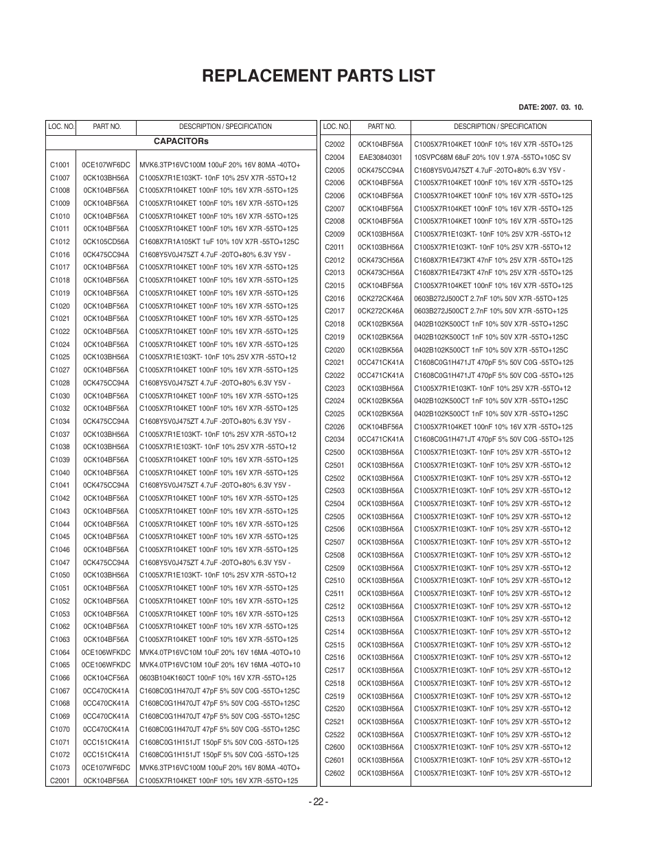 Replacement parts list | LG 20LS7D(C)-UB User Manual | Page 22 / 36