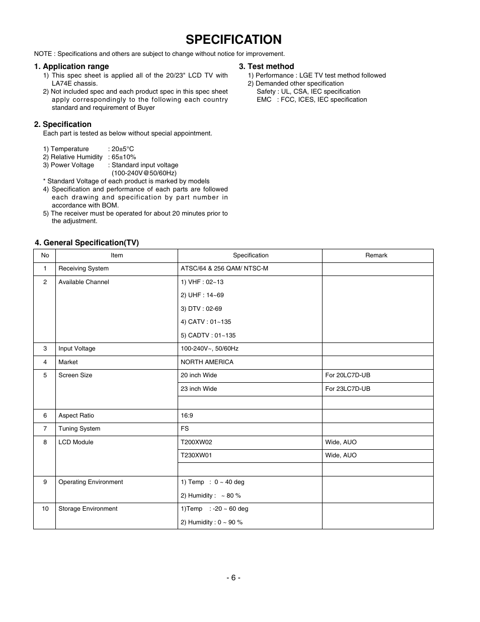 Specification | LG 20LS7D(C)-UB User Manual | Page 6 / 36