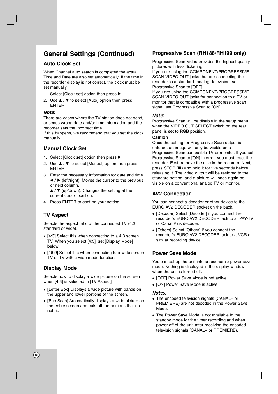 General settings (continued) | LG RH188 User Manual | Page 18 / 60