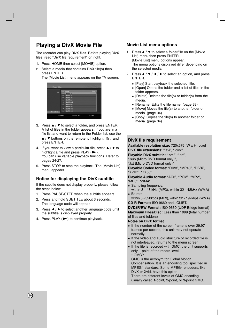 Playing a divx movie file | LG RH188 User Manual | Page 28 / 60