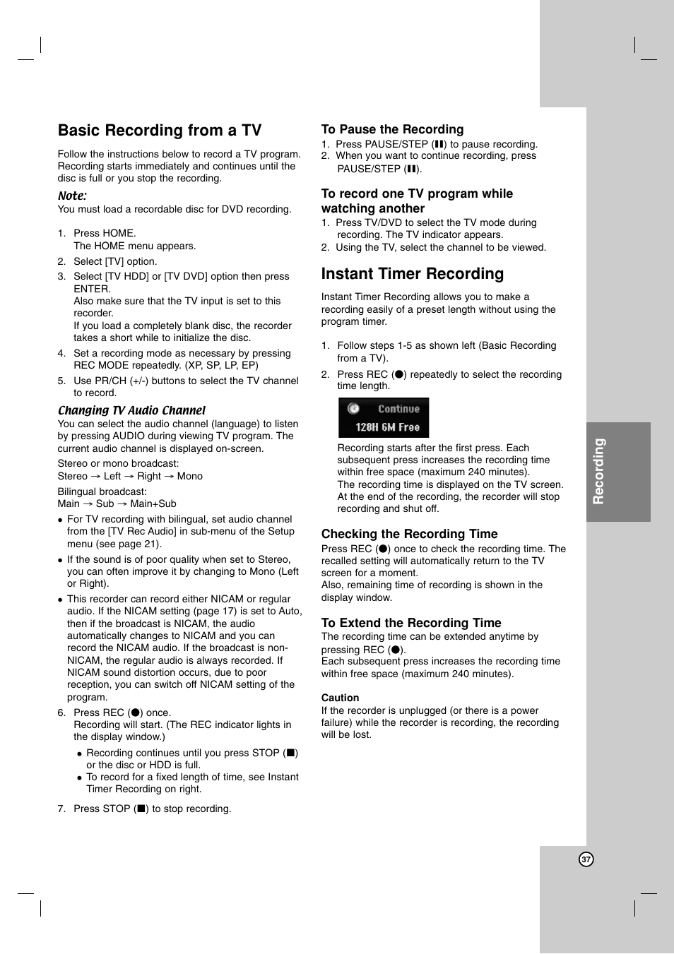 Basic recording from a tv, Instant timer recording, Recording | LG RH188 User Manual | Page 37 / 60