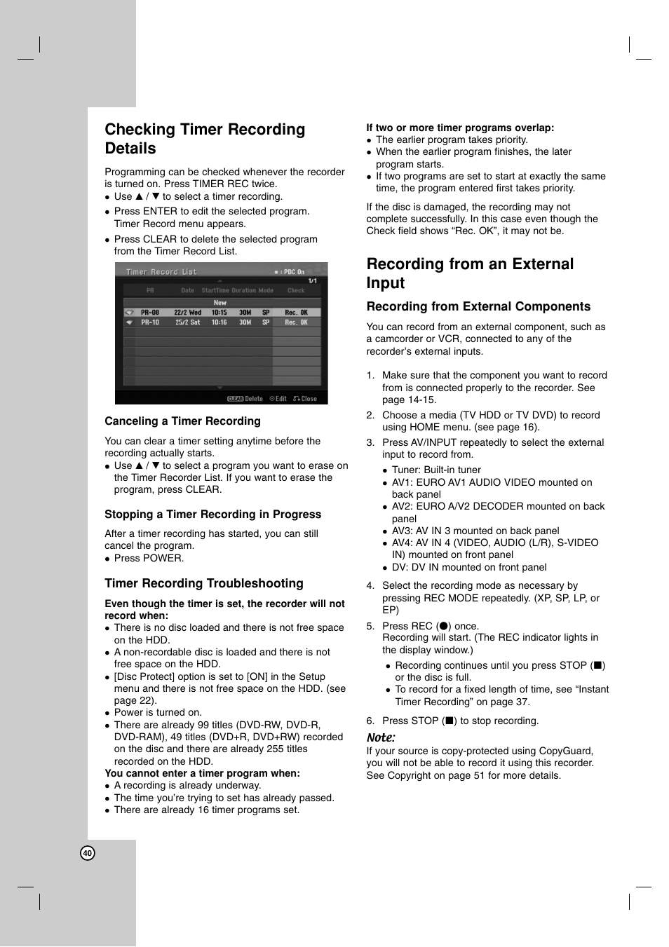 Checking timer recording details, Recording from an external input | LG RH188 User Manual | Page 40 / 60