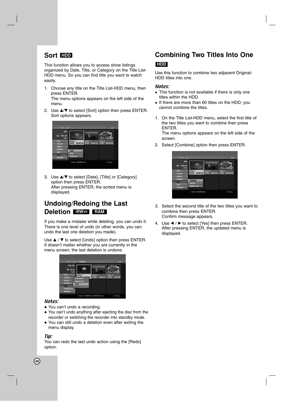 Sort, Undoing/redoing the last deletion, Combining two titles into one | LG RH188 User Manual | Page 48 / 60