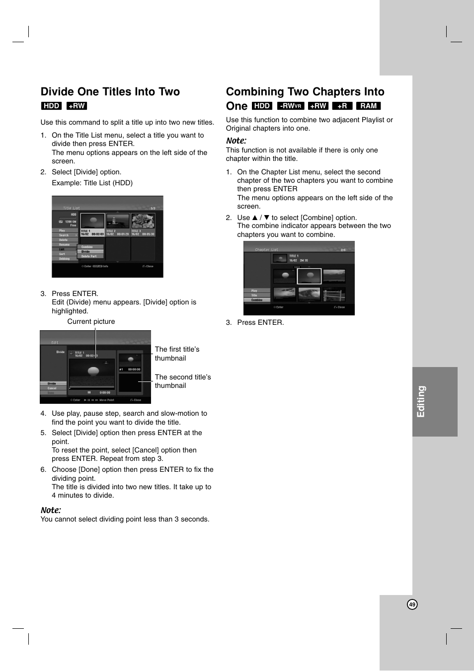 Divide one titles into two, Combining two chapters into one, Editing | LG RH188 User Manual | Page 49 / 60