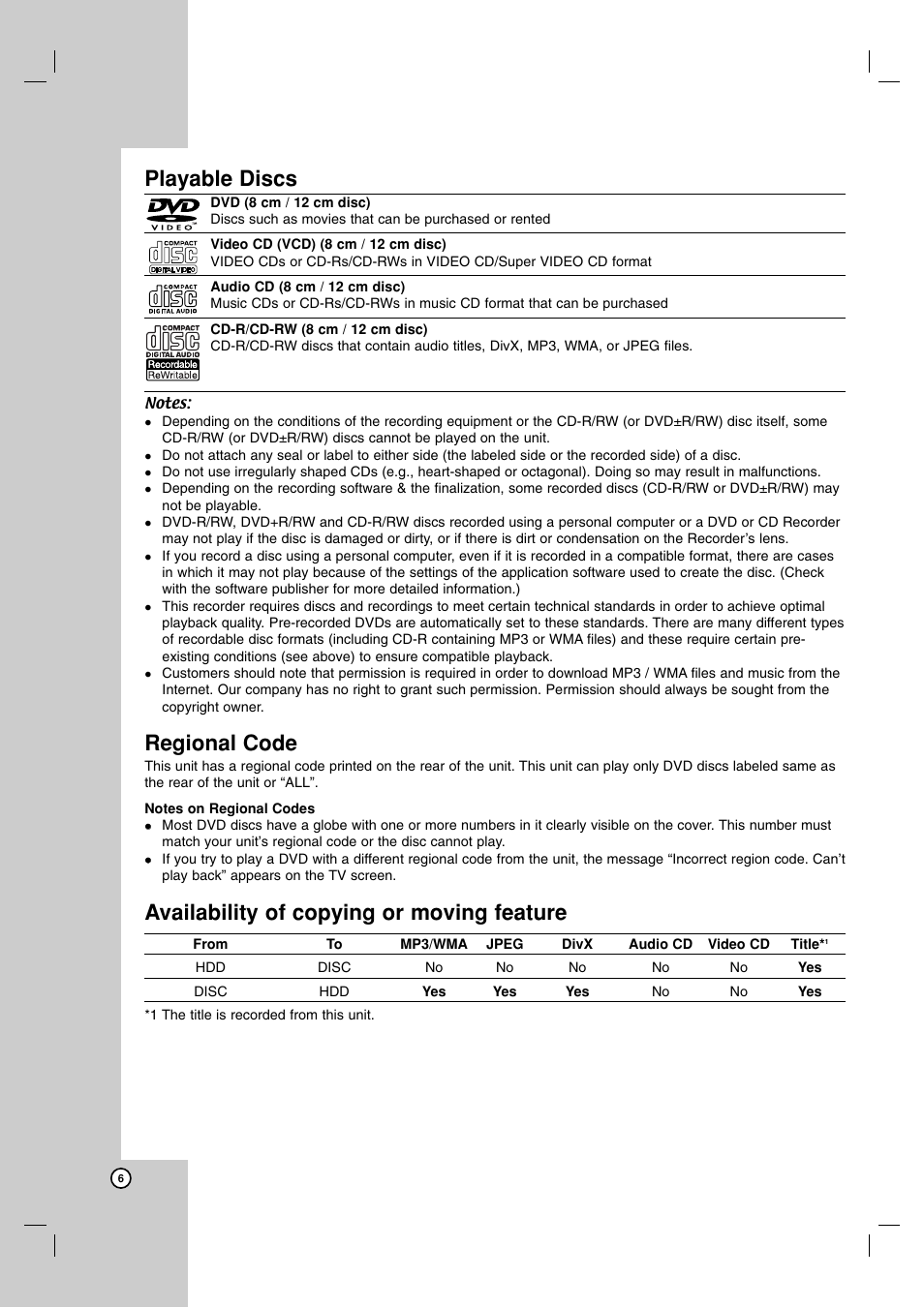 Playable discs, Regional code, Availability of copying or moving feature | LG RH188 User Manual | Page 6 / 60