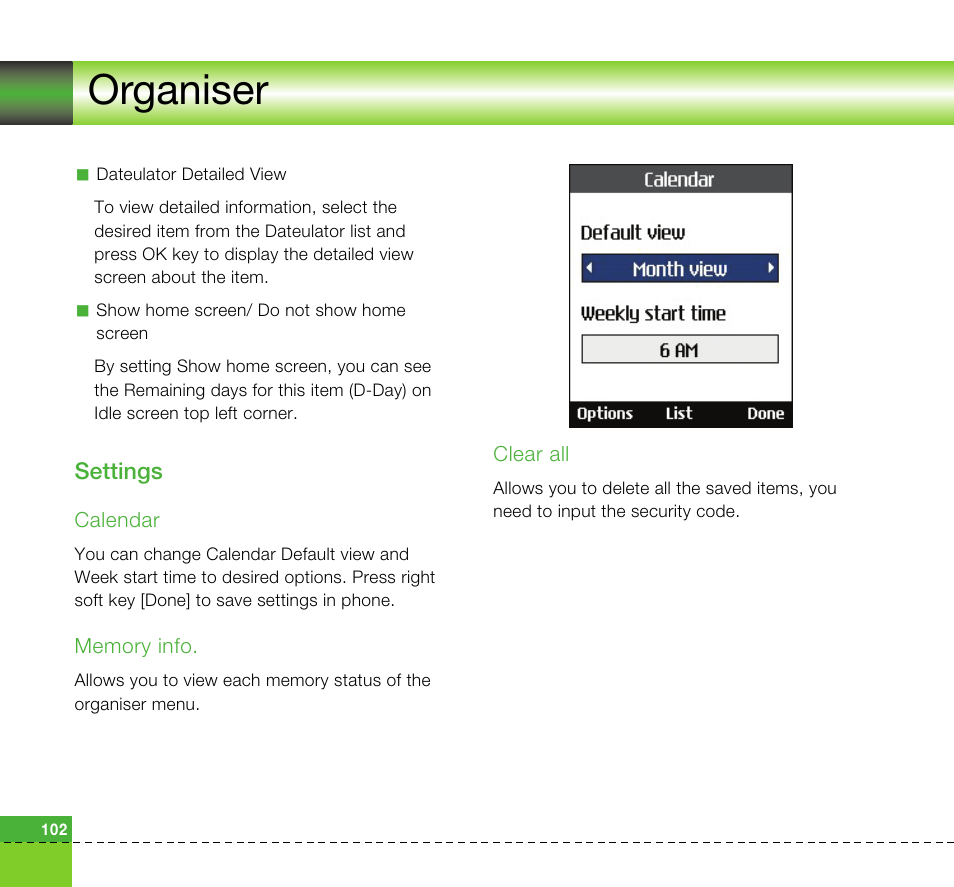 Organiser, Settings | LG U8360 User Manual | Page 104 / 140