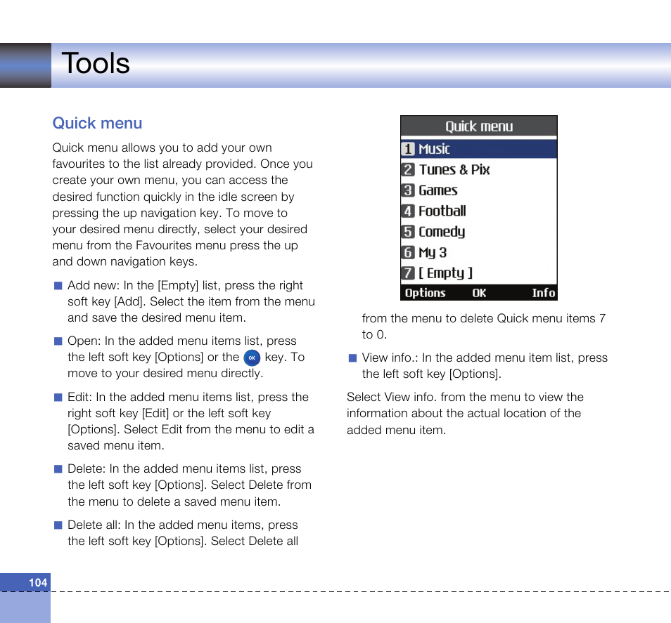 Tools, Quick menu | LG U8360 User Manual | Page 106 / 140