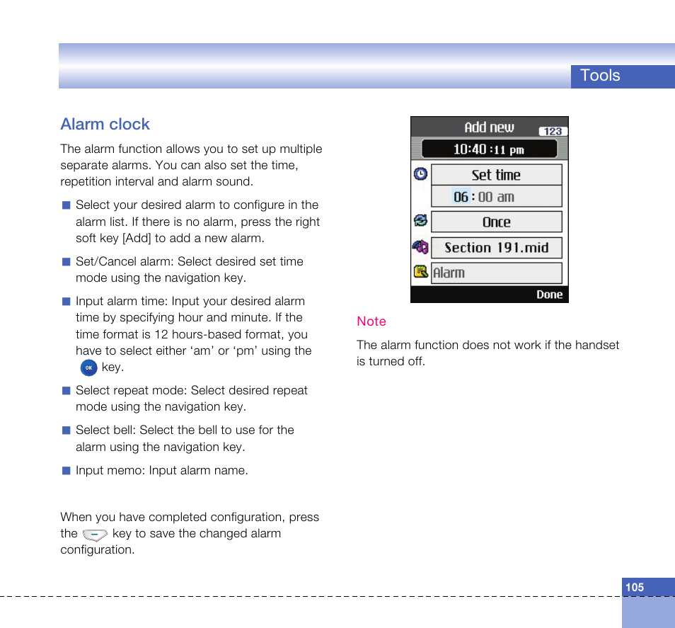 Tools alarm clock | LG U8360 User Manual | Page 107 / 140